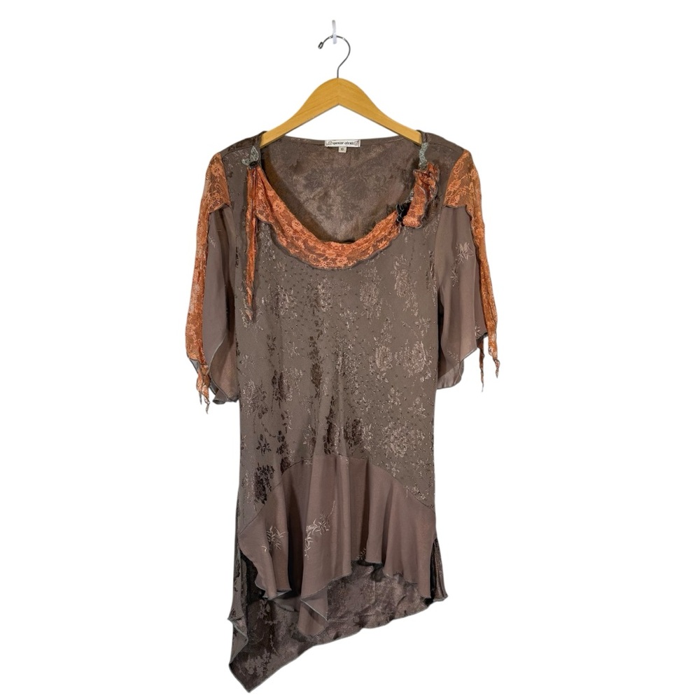 VTG Spencer Alexis Beige Pink Lace Jacquard Asymmetric‎ Blouse Top Sz 10 Fairy